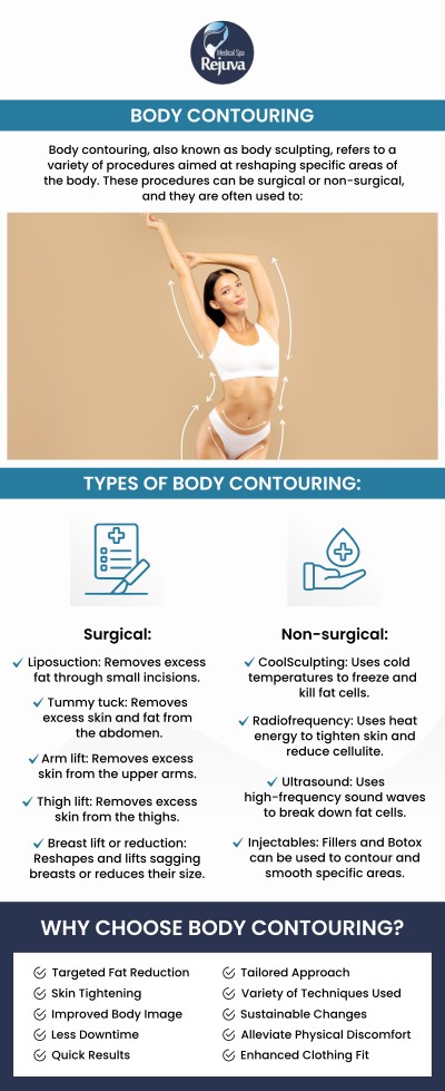 Body contouring is not just for the face; it can help you achieve your body shaping goals with precision and confidence. At Rejuva Medical Spa, Kara Hemsey Stumm offers advanced treatments designed to target stubborn areas and enhance your natural curves. Whether you're looking to reduce fat, tighten skin, or sculpt specific areas, body contouring can give you the smooth, toned appearance you desire. For more information, contact us or schedule an appointment online. We are located at 3925 Portsmouth Blvd, Chesapeake, VA 23321.